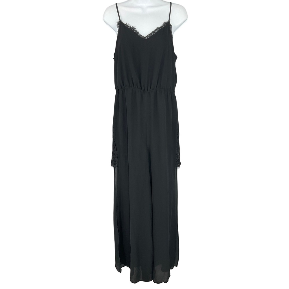 BCBGeneration Maxi Jumpsuit Sheer Overlay Lace Trim Black Flowy‎ PartySize M